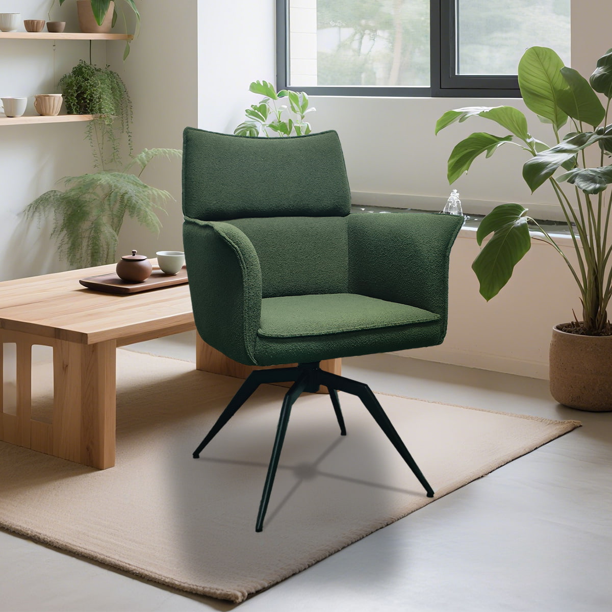 Modern Swivel Lounge Chair with Upholstered Arms and Metal Base