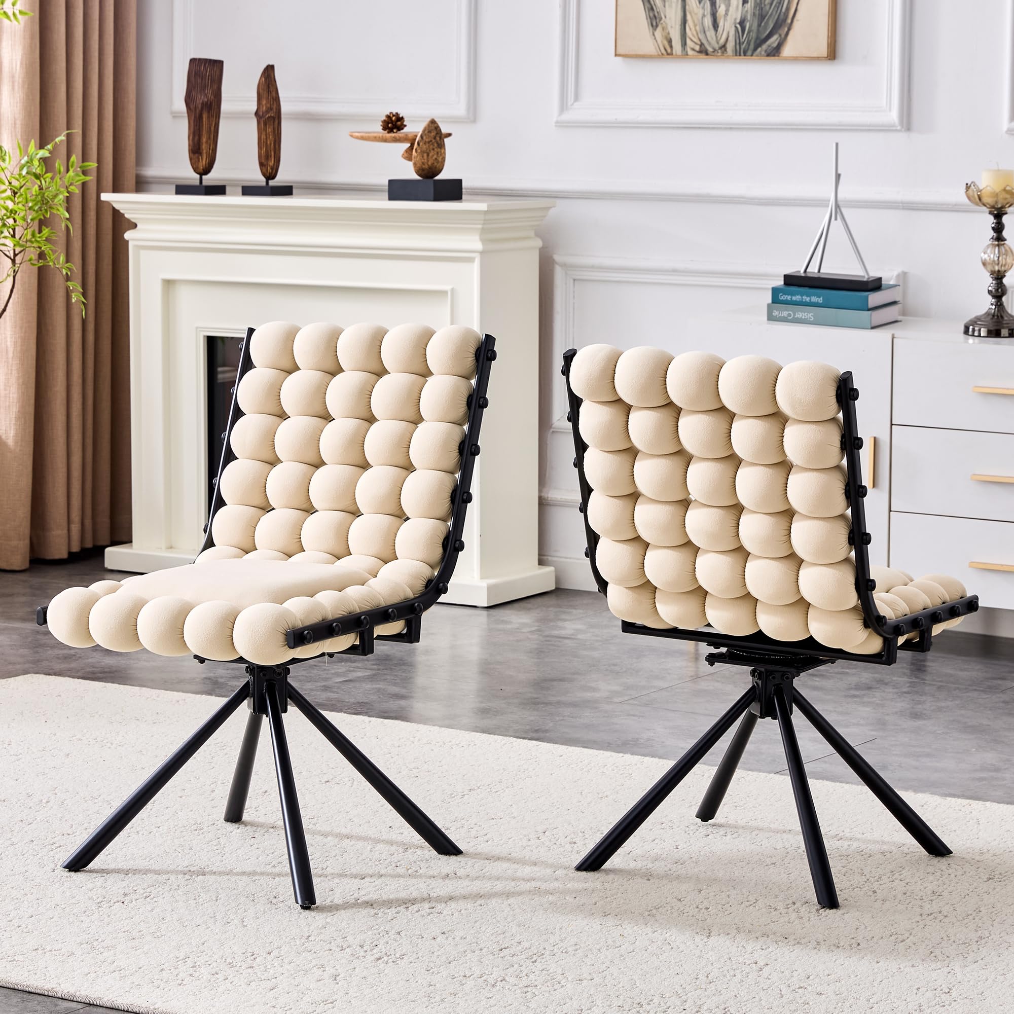 Velvet Swivel Dining Chair with Bubble Cushion Back, Upholstered Accent Chair with Metal Legs (No Wheels)